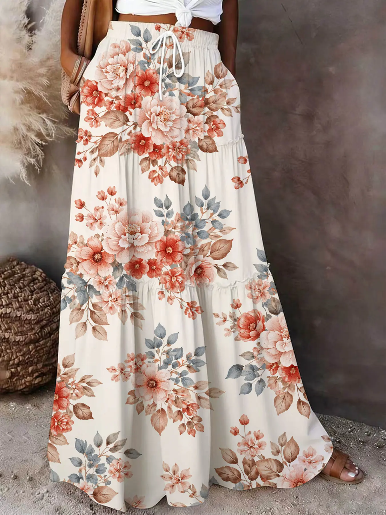 Color-locked plaid print Floral fresh college style boho elastic waist cake long maxi skirt Casual skirts