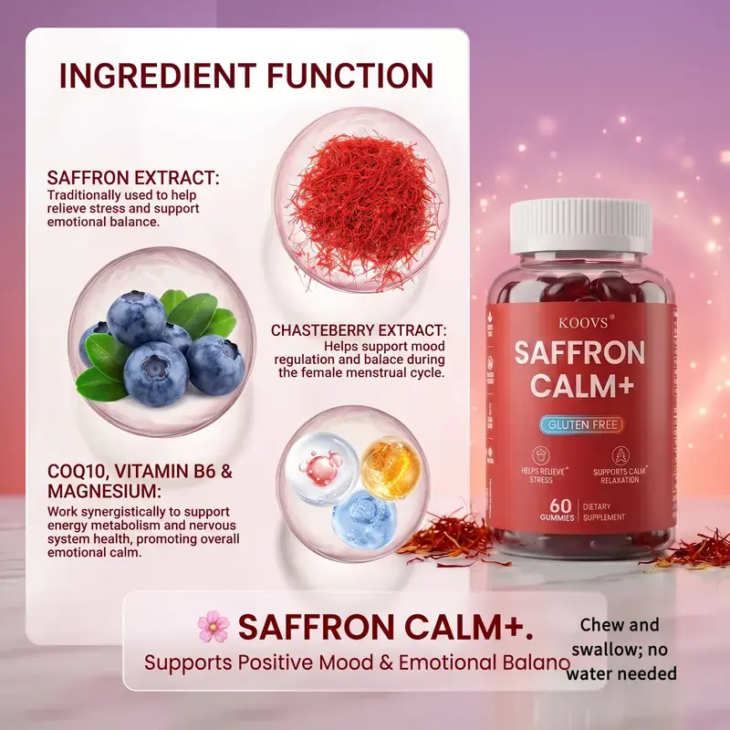 KOOVS Saffron Calm+ Sugar-Free Compact Gummies, 60-Count Daily Use Mood Boosting Wellness Chewables for Immunity Vitality, Feminine Balance, 30-Day Supply