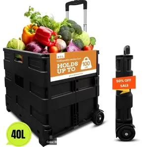 Folding Utility Cart 11.89gal - Portable Rolling Crate Handcart Shopping Trolley Collapsible Tool Box, Shopping Basket On Rotate Wheels, for Grocery, Office, Luggage, Teacher