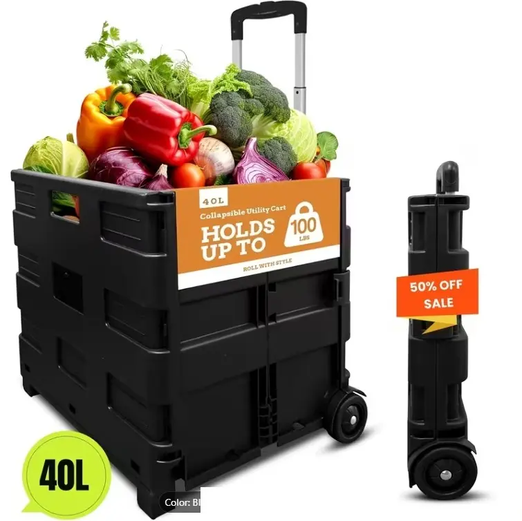 Folding Utility Cart 11.89gal - Portable Rolling Crate Handcart Shopping Trolley Collapsible Tool Box, Shopping Basket On Rotate Wheels, for Grocery, Office, Luggage, Teacher