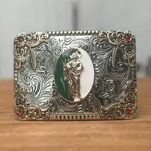 Silver Buckle with San Judas on Green and White Center CB-04 - Western Buckles for Men | Made in Mexico