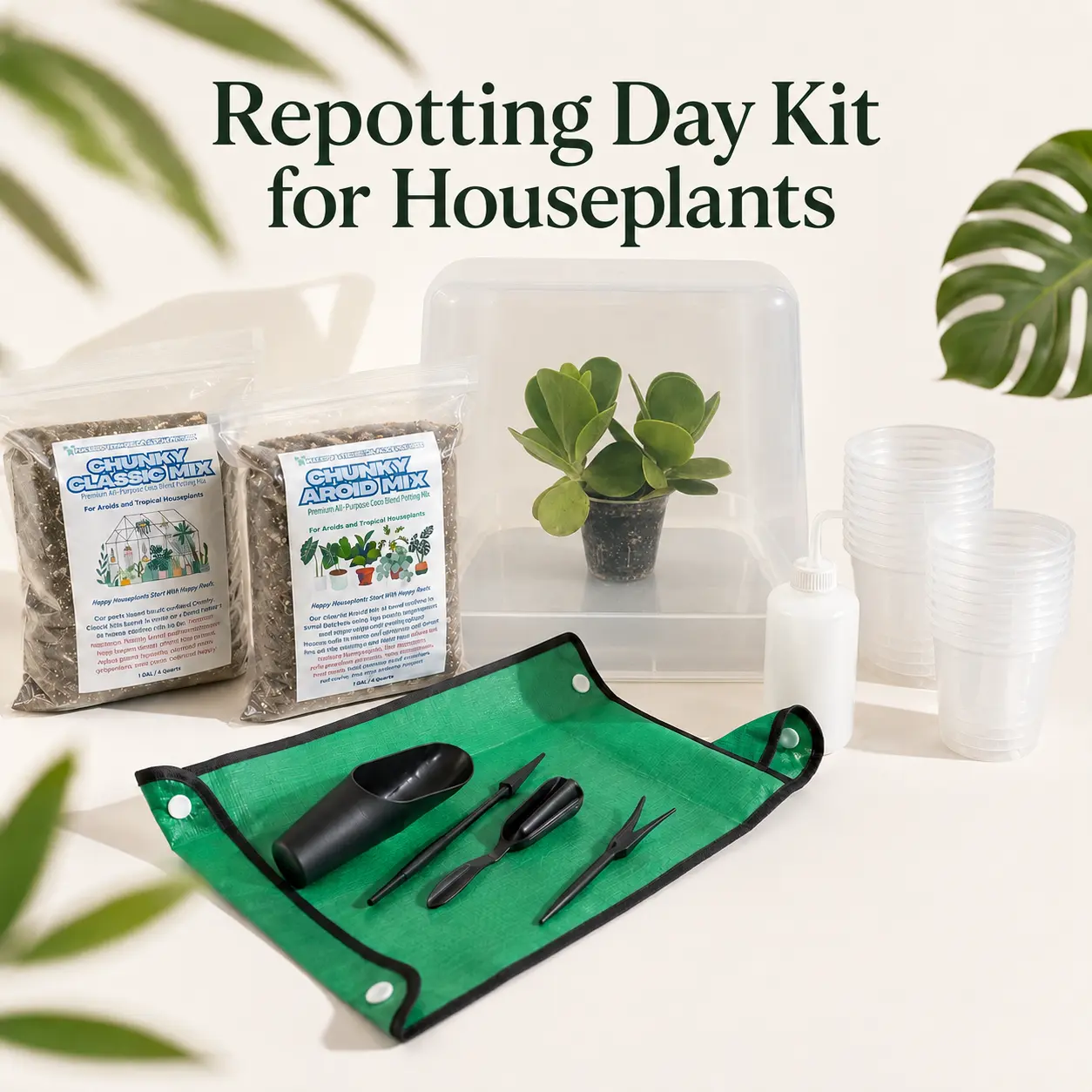 Houseplant Repotting Kit, 49-Piece Set with 20 Clear Pots & 2 Potting Mixes