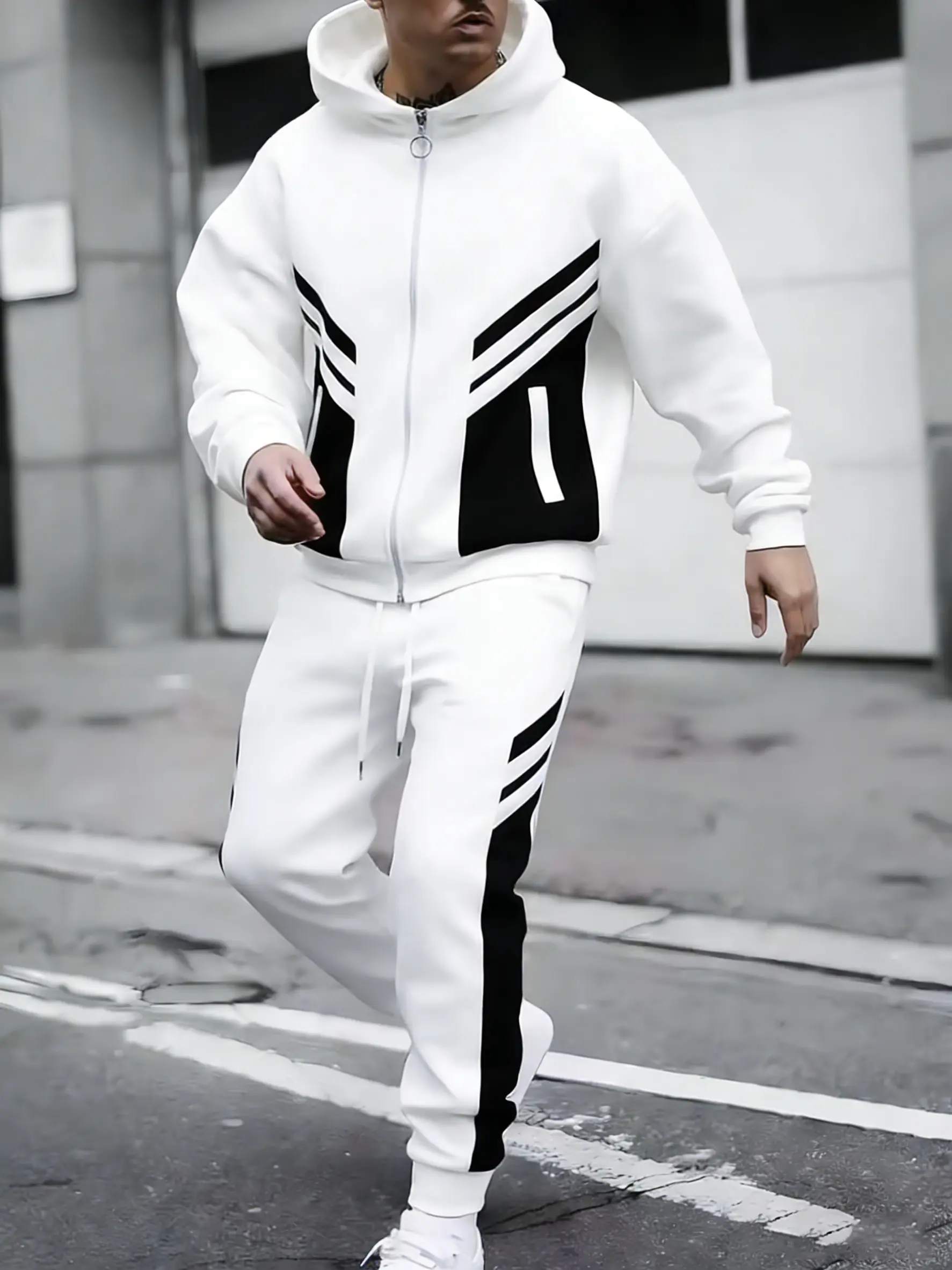 Men's 2-Piece Sporty Style Streetwear Hooded Tracksuit Set, Casual Polyester Knitted Fabric, Long-Sleeved, Slightly Elastic, Regular Fit, Pocket Details, Solid Color, Streetwear Tracksuit Set