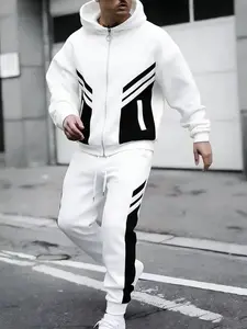 Casual polyester fiber men's hooded sports suit with pocket details, solid color long sleeved knitted fabric, slightly elastic, regular style hooded sweatshirt and pants set