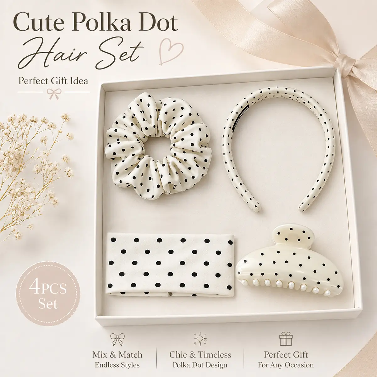4PCS Polka Dot Hair Accessories Set, Scrunchie Headband Claw Clip & Hair Bow, Cute Vintage Hair Styling Kit for Women Girls