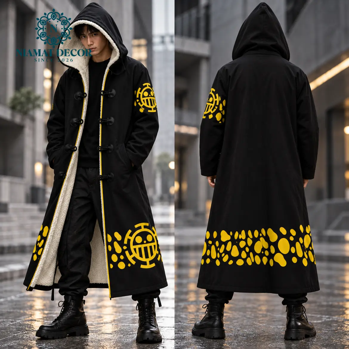 Men's Trafalgar Law Inspired Long Hooded Trench Coat, Black Yellow Heart Pirates Graphic Cloak with Soft Fleece Lining, Unisex Anime Cosplay Jacket, Toggle Button Closure, Oversized Streetwear Winter Coat, Halloween Outfit