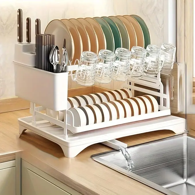 2-Layer Rectangle Stainless Steel Dish Drying Rack, Countertop Kitchen Organizer with Cutlery & Cup Holders, Draining Tray, Rustproof No-Excess-Moisture Multifunctional Black Kitchenware Rack