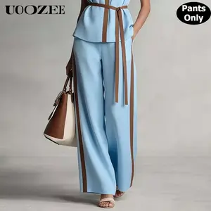 UOOZEE Women's Comfortable Polyester Wide-Leg Pants - Light Blue & Brown Contrast Stripe, Elastic Waistband, High-Stretch Fabric, Pockets, Office-Casual Bottoms (Matching Top Not Included),summervibes