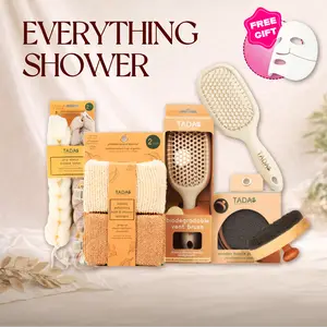 [FREE GIFT] TADA Natural Everything Shower Pink & Beige Bundle Set - 4pcs Body Care Set Detangling Hairbrush Braided Loofah Exfoliating Bath Sponge Pumice Stone Head to Toe Selfcare Spa