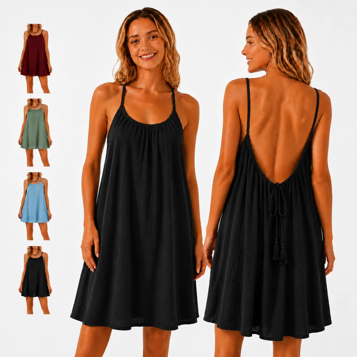 Women's Minimalist Basic Solid Color Polyester Spaghetti Strap Backless Cami Dress - Casual Wear Sundress, Backless Boho Dress for Summer Beach-Themed Party, Single-Back Occasions