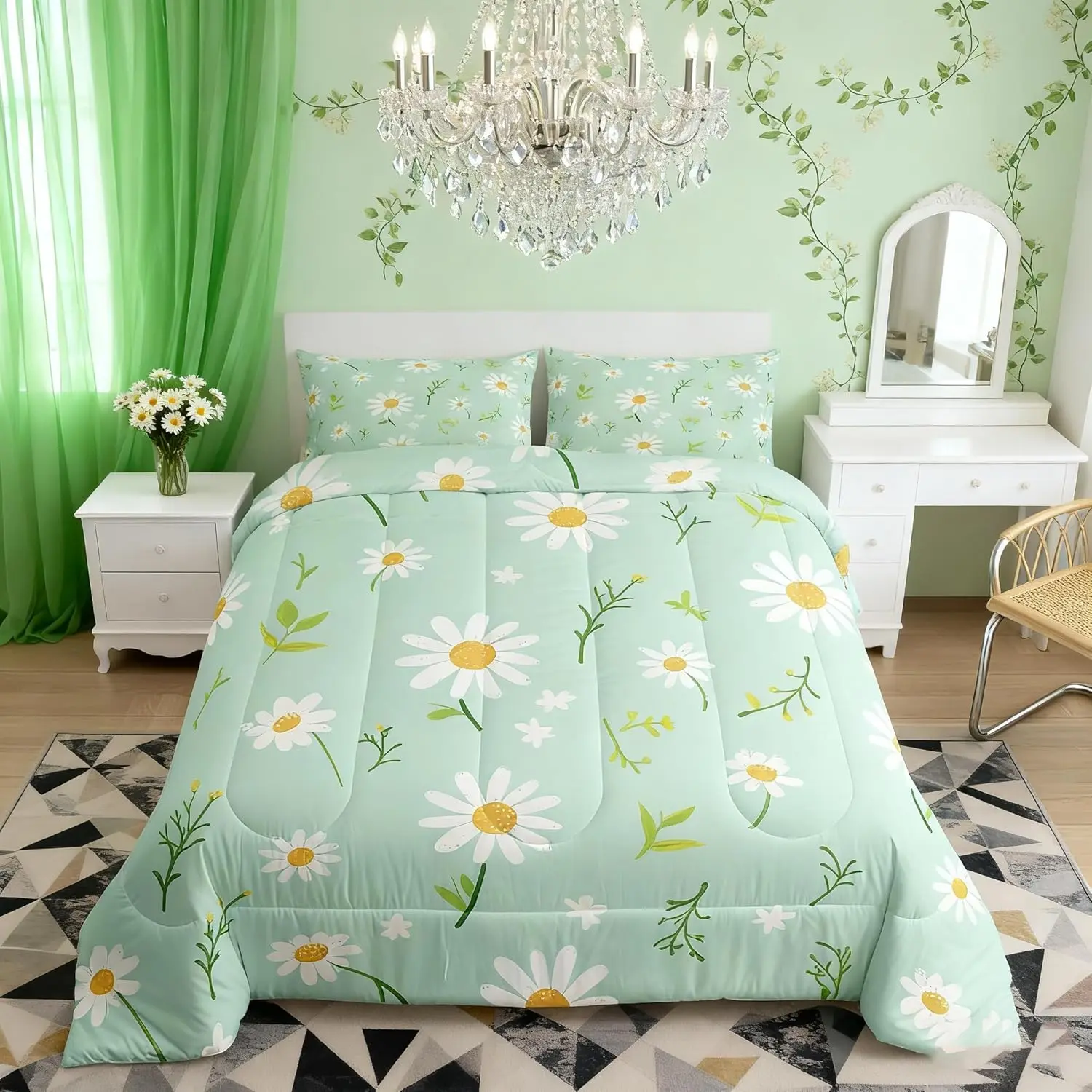 Cute Flower Comforter Set,Botanical Theme Floral Print Bedding Set for Kids Girls Room Decor,Watercolor Daisy Quilt Set,Soft Polyester Duvet Set