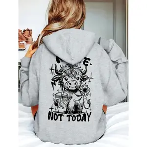 Fashion Girl Women's Casual Polyester Hoodie, Cartoon Cow Print, Hooded Sweatshirt, Nope Not Today Slogan, Fall & Winter Wear