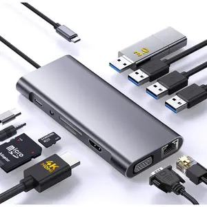 11-in-1 USB C Hub Multiport Adapter, USB C Docking Station with 4K HDMI, VGA 1080P, 100W PD, Ethernet, SD/TF, Audio, USB 3.0 Port, Laptop Dock for MacBook Pro/Air, iPad, Windows