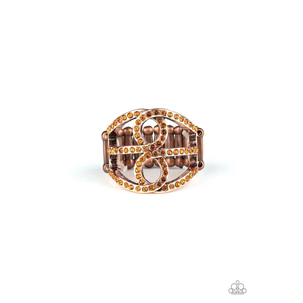 Paparazzi Fabulously Frosted Copper Ring 2047 - Dotted with Topaz Rhinestones & Stretchy Band for Flexible Fit