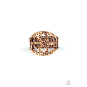 Paparazzi Fabulously Frosted Copper Ring 2047 - Dotted with Topaz Rhinestones & Stretchy Band for Flexible Fit