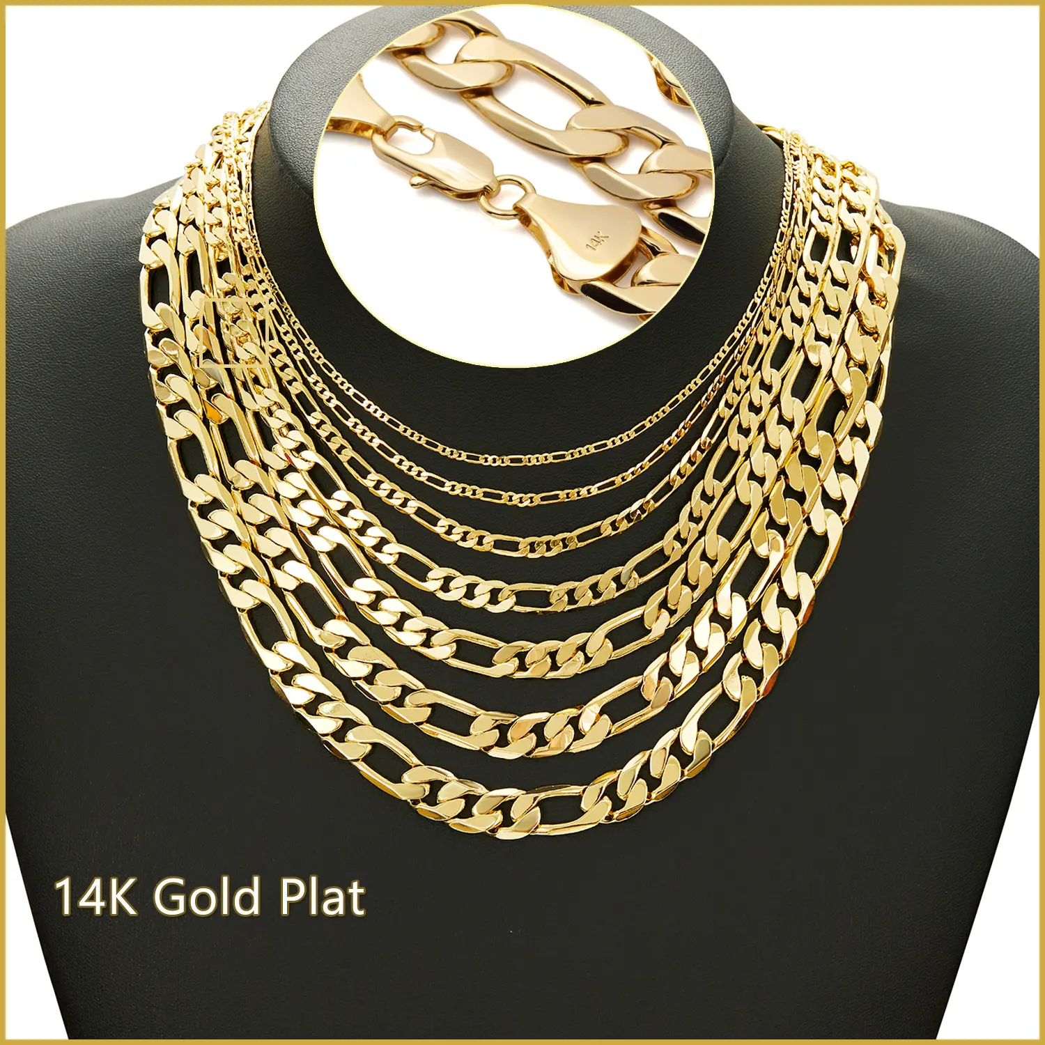 Figaro Chain Necklace For Men Women 14K Real Gold Plated Hip Hop Italian Link Chains 2/2.5/4/6.5/8/9/10mm Rapper Party Costume Accessory, Fashion Jewelry Gift