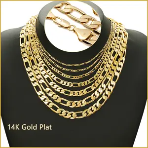 Figaro Chain Necklace For Men Women 14K Real Gold Plated Hip Hop Italian Link Chains 2/2.5/4/6.5/8/9/10mm Rapper Party Costume Accessory, Fashion Jewelry Gift