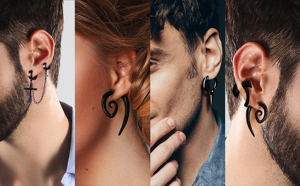 16 Pairs Punk Black Earrings Set for Men with Pendants, Chain-piercing Earrings, Suitable for Women and Unisex Wear, Stainless Steel Punk Earrings for Men,Screw Cone etc Hoop Long Chain Piercing Hoop Earrings Set