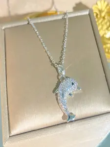 Beach Vacation Full Rhinestone Dolphin Necklace - Titanium Steel Shiny Clavicle Chain Girlish Ocean Style Accessory Dolphin Pendant