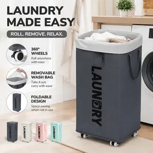 Laundry Basket with Wheels, Laundry Hamper with Removable Wash Bag, Clothes Hamper, Rolling Laundry Basket, Dorm Room Essentials