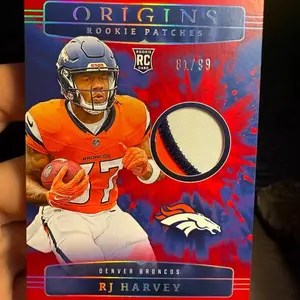 1st Print RJ Harvey 2025 Origins Rookie Patch RC #1/99 Denver Broncos NFL Trading Card