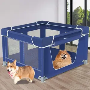 Dog Playpen, 42x42x25.6 Inches Foldable Portable Soft Puppy Playpen with Gate, Thickened Fabric Mesh Dog Fence with High-Strength Nylon Wire Mesh, Indoor Outdoor Breathable Exercise Pet Fence Cage