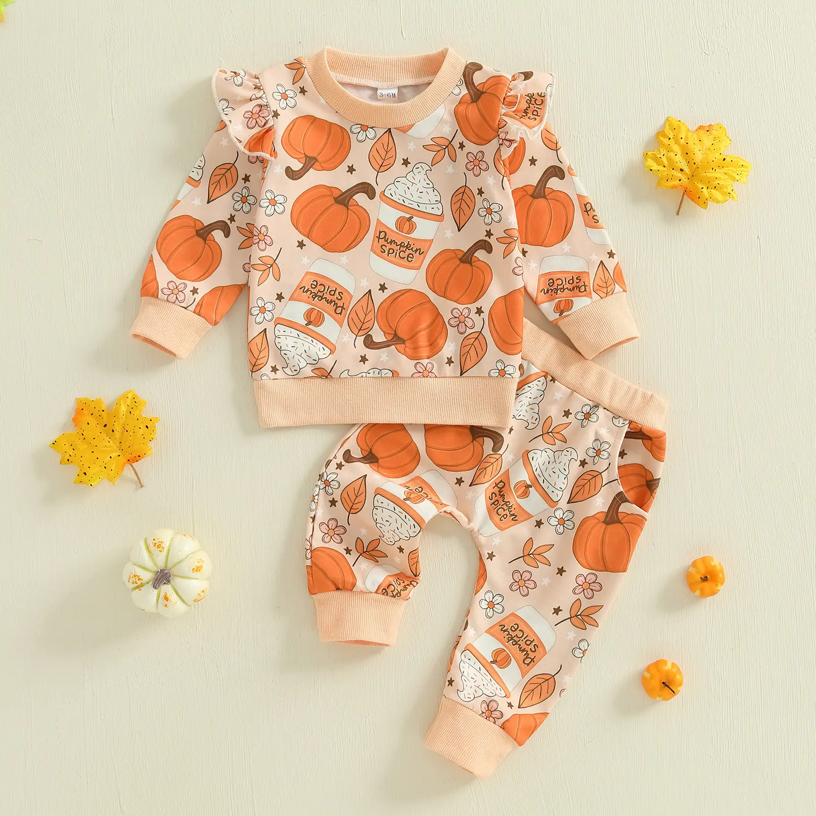 Baby Girl Halloween Outfits Long Sleeve Pumpkin Floral Print Sweatshirt + Pants Set Infant Clothes 3 6 9 12 18 24 Months 2 3 Years