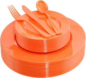 125Pieces Orange Plastic Plates - Orange Plate Disposable Include 50 Dinner & Dessert Plates 25 Forks 25 Knives 25 Spoons Perfect for Parties