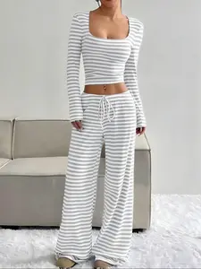Spring & Fall New Striped Knit Slimming Sports Set, Fitted Sportswear for Women, Comfortable and Stylish Workout, Sporty Style Clothes