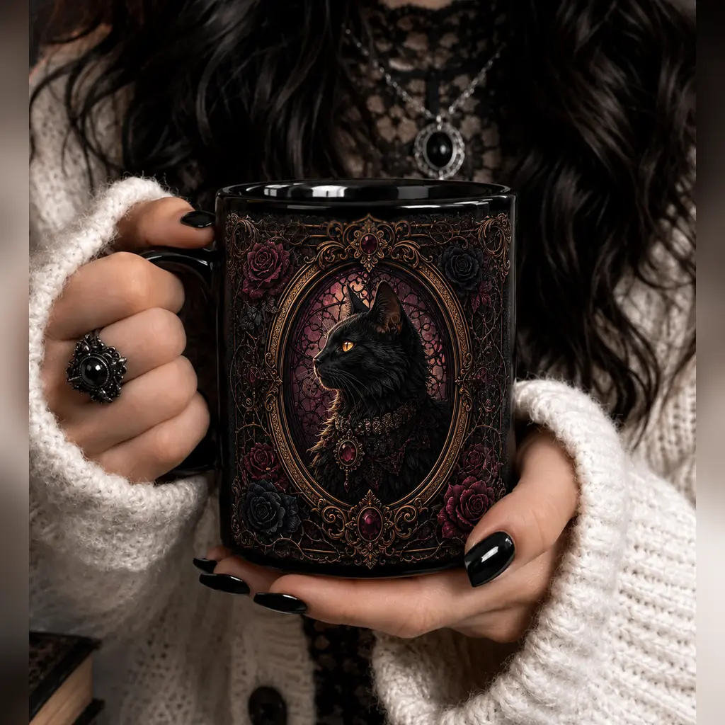 Personalized Gothic Cat Mug, Custom Black Ceramic Coffee Cup, 2D Printed 3D Effect Victorian Black Cat Portrait Design, For Cat Lovers Women Witches, Halloween Birthday Gift, Dark Gothic Keepsake