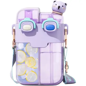 Cute Water Bottle for Kids: 26oz Kawaii Water Bottle for Girls, Funny Bear Water Bottles with Straw and Strap, Dual Compartments Leak-Proof Plastic Drinking Cup for School Sport Travel (Purple)
