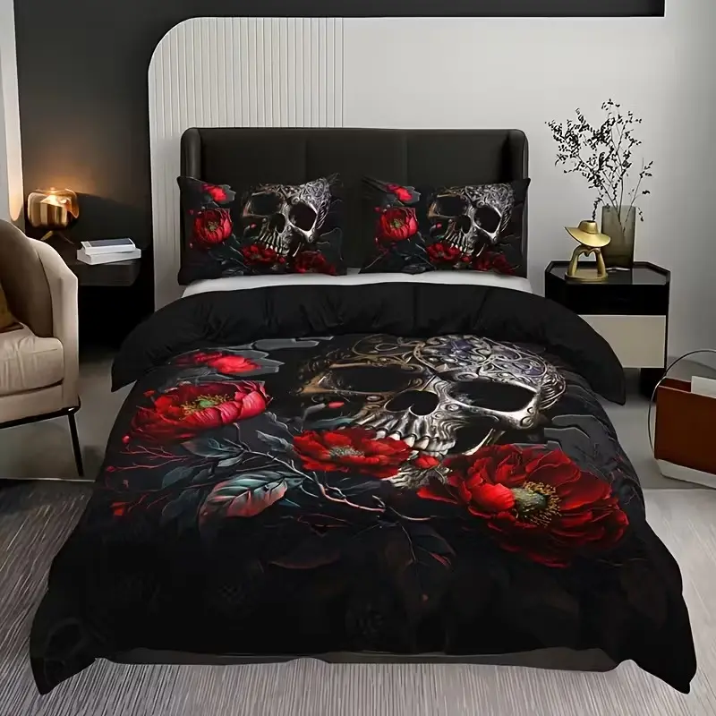 3-Piece Dark Skull Rose Floral Print Duvet Cover Set, Printed Bedding Set, Decorative Duvet Cover, Soft Breathable Fabric, All-Season Use, Includes 1 Duvet + 2 Pillowcases