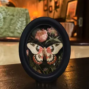 1count Gothic Vintage Oval Photo Frame, Decorative - Butterfly & Floral Wall Decor (6.8*8.7inch)- Black Border - Lightweight for Living Room, Office Decoration - Easy Hanging with Pre-Drilled Holes - Vintage Home Decoration Gift