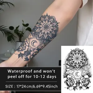 Mandala Peony Crescent Cloud Temporary Tattoo Patch, Waterproof Long-Lasting 7-15 Days, Semi-Permanent Herbal Tattoo, Unisex Fake Tattoo for Arm, Leg, Back