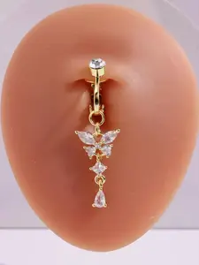 Pink Butterfly Fake Belly Button Ring – Copper Navel Piercing Jewelry for Women (No Piercing Required)