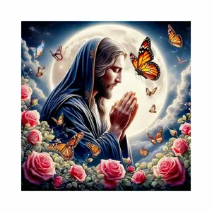 5D Full Drill Diamond Painting Kit Jesus with Praying Hands, Full Moon & Butterflies, Pink Roses & Clouds, Serene Religious Decor, DIY Aesthetic Wall Art, Perfect Christian Gift for Faith & Diamond Painting Enthusiasts