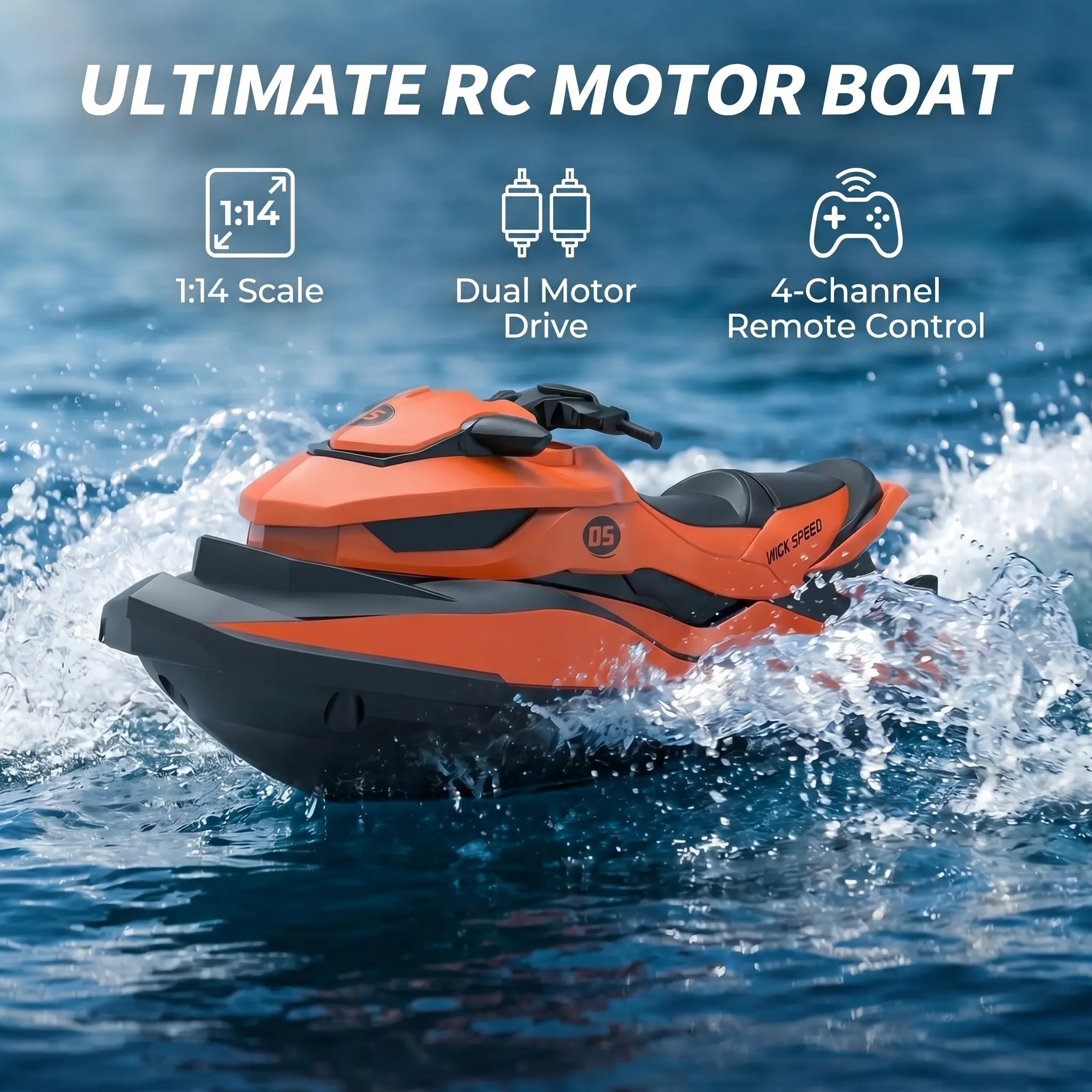 Unisex 1:14 Scale High-Speed RC Racing Jet Boat, Dual Motor, 2.4GHz Control (50m Range), Waterproof & Self-Righting 180° Flip Recovery, Rechargeable Battery, RTR Poolside Fun Toy for 6-8 Years Kids