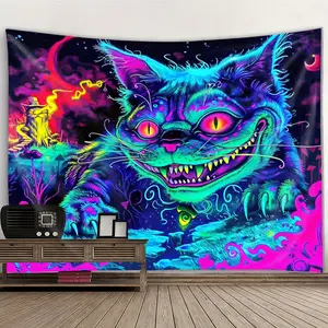 Black Light Reactive Fierce Giant Cat Tapestry - UV Activated Neon Colors, Polyester Wall Hanging for Home Decor, Bedroom, Home Textile - Cats Decor, Dreamlike Artwork, Highquality Print, Creative Spaces