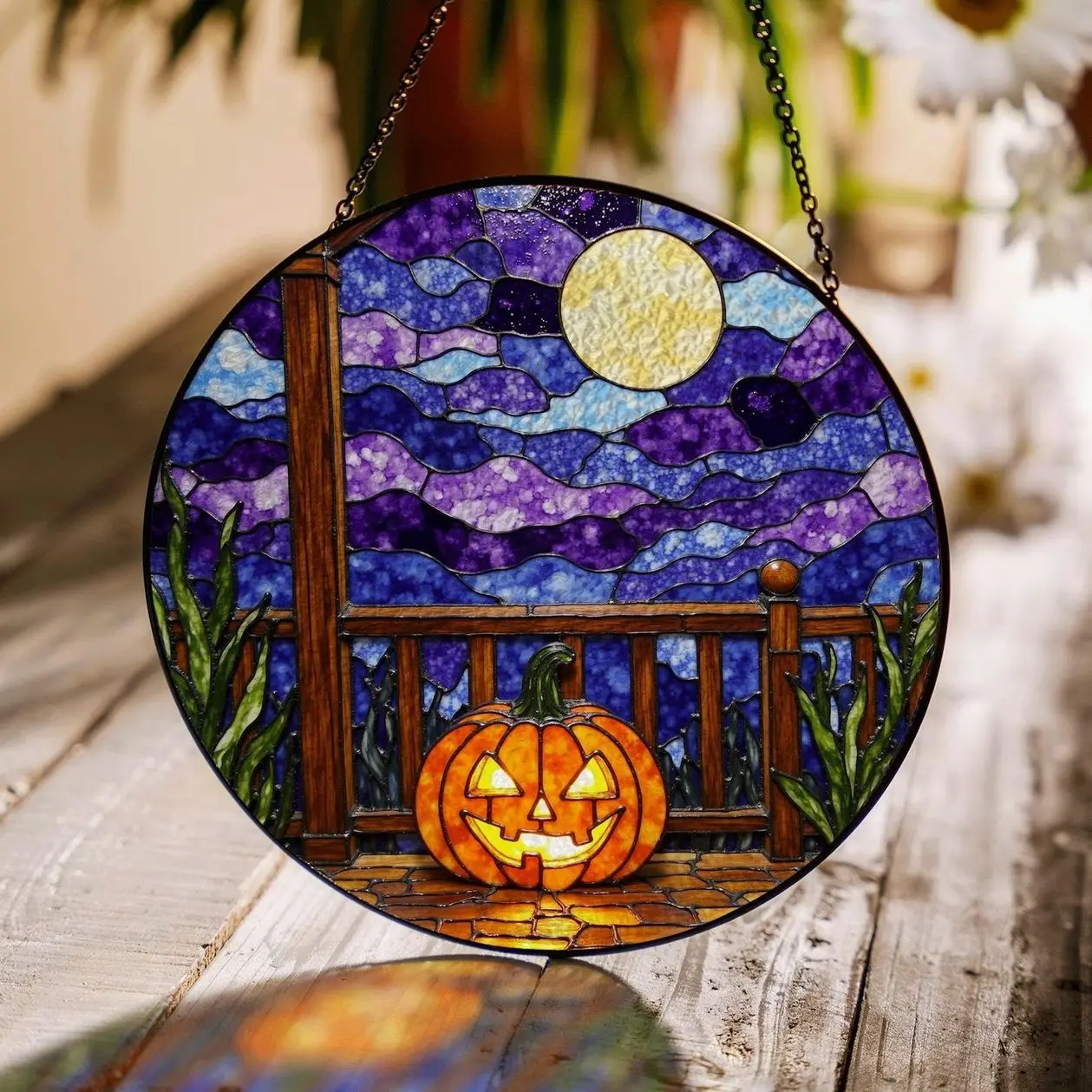 Glowing Jack O Lantern on Porch Halloween Suncatcher Gift Halloween For Family, Friends