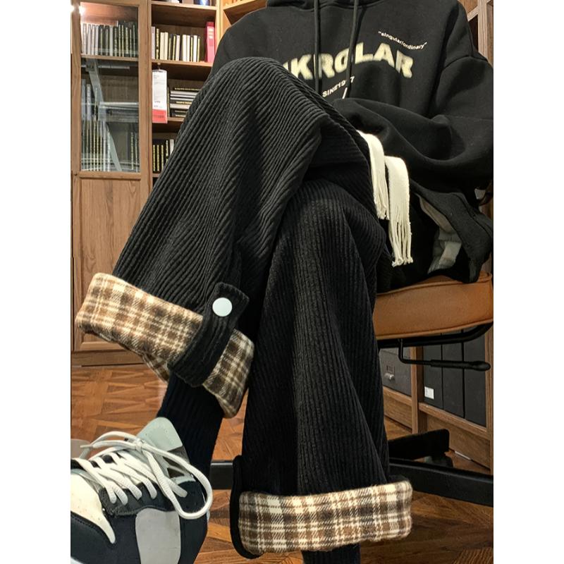 Fashion men's wear: Men's Casual Corduroy-Textured Wide-Leg Pants with Plaid Contrast Cuffs - Beige & Brown All-Season Straight-Leg Trousers, Machine Washable for Casual Attire