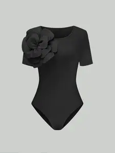 Women's Floral Decor Round Neck Bodysuit, Elegant Fashion Casual Crew Neck Sleeveless Bodysuit for Daily Outdoor Wear, Women Clothing for Summer, Tops, Womenswear, Piece