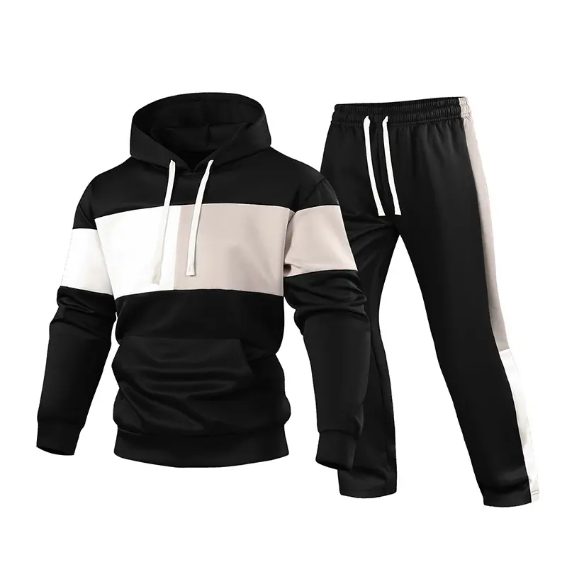 Men’s 2-Piece Color-Block Hooded Activewear Set - Long-Sleeve Pullover Sweatshirt with Front Pocket, Matching Elastic-Waist Jogger Pants, Casual Street-Style Outfit for Spring & Autumn