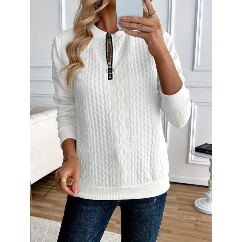 Chic Women's Half-Zip Pullover Sweatshirt - Elegant Solid Color Long Sleeve with Textured Knit, Baseball Collar & Front Zipper, Polyester Blend, Machine Washable,/Fall Casual Wear, Everyday Sweatshirt |         Baseball Collar Top |         Ribbed Cuffs(G
