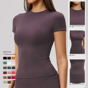 Solid color sports T-shirt, round neck, slim fit, stretchy fabric, suitable for yoga and gym workouts, women's sportswear, sporty style clothing, fitness shirt, workout top, loose-fitting gym shirt