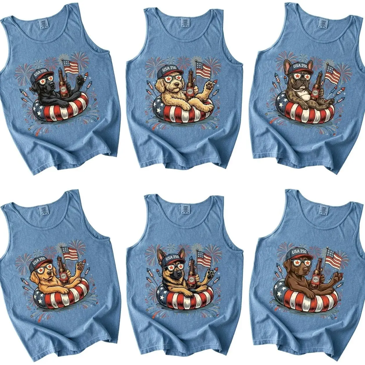 Patriotic Dogs: 4th of July Dog Comfort Colors Tank Tops | 50+ Dog Breeds, Custom Available, USA Flag, Fireworks, America 250 U7N