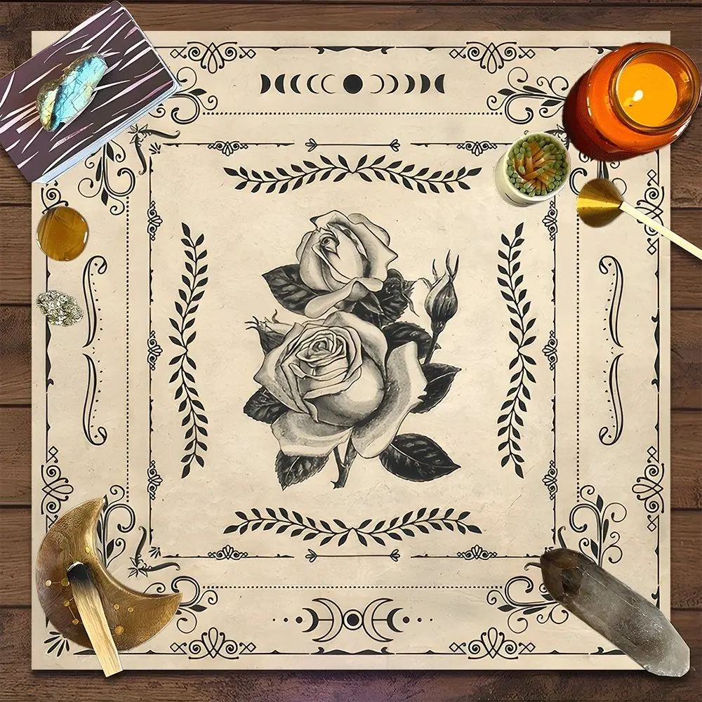 Vintage Rose Moon Phase Design Square Tarot Tablecloth, Boho Home Decor Spiritual Altar Cloth Multiple Sizes Polyester Fabric, Easy to Clean and Maintain Decorative Divination Cloth for Spreads & Rituals Witchcraft Gift for family and friends