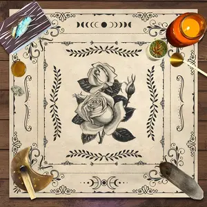 Vintage Rose Moon Phase Design Square Tarot Tablecloth, Boho Home Decor Altar Cloth Multiple Sizes Polyester Fabric, Easy to Clean and Maintain Decorative Divination Cloth for Spreads & Rituals Gift for family and friends
