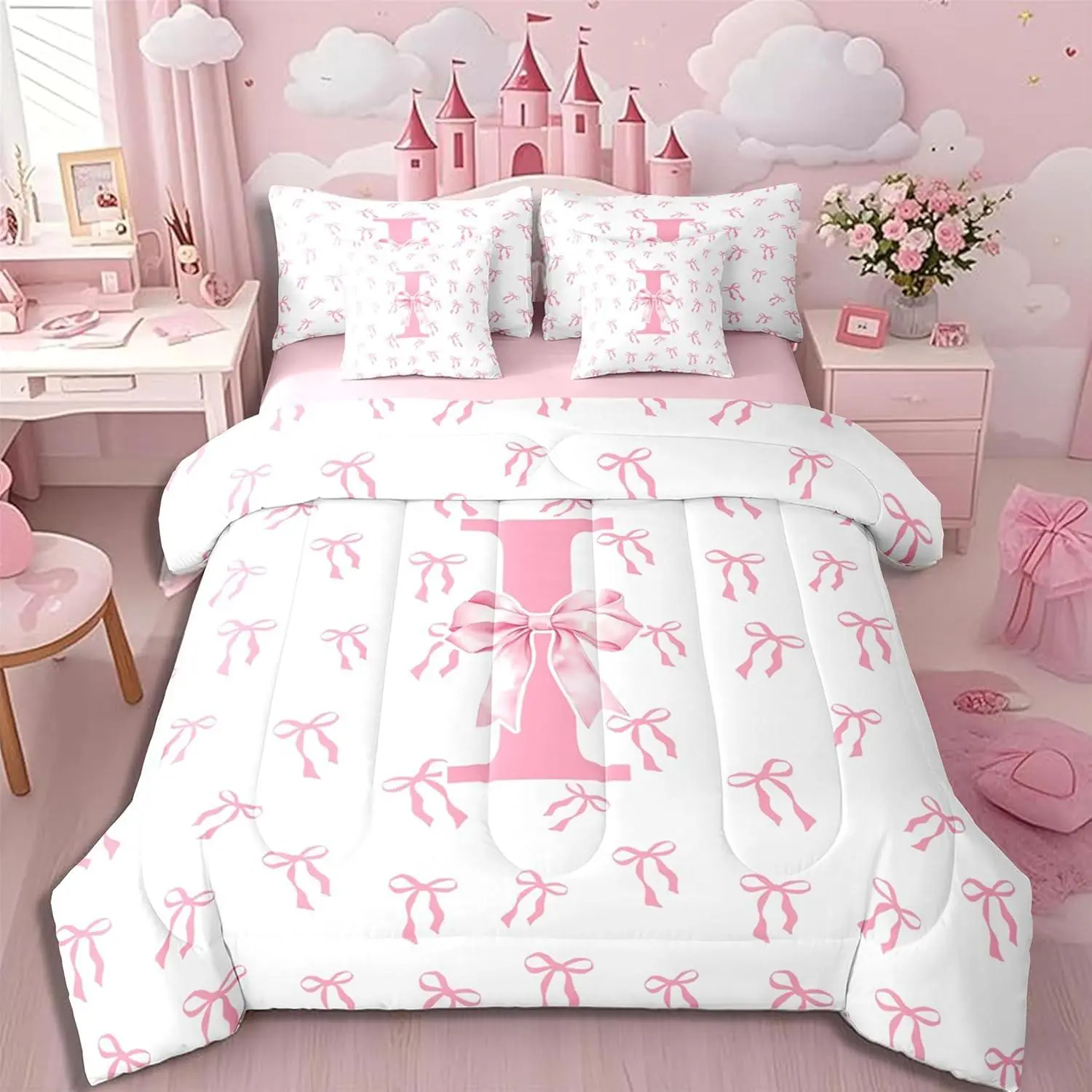 7 Piece Ribbon Bows Comforter Set,Pink Initial Letter I Bedding Set for Kids Girls Fantasy Princess Bow Tie Bed in a Bag Kawaii Girly Letter Sheet Set with Comforter