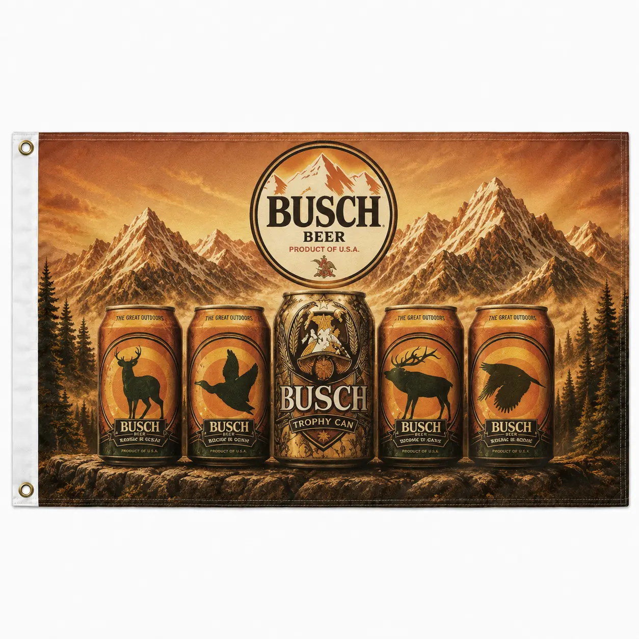 Trophy Busch Hunting Flag - 3x5 Ft Limited Edition Elk & Mountain Beer Print Banner, Lightweight Outdoor Decor Mat for Garage, Hunting Cabin, Gift for Hunters, Rustic Room Collectors