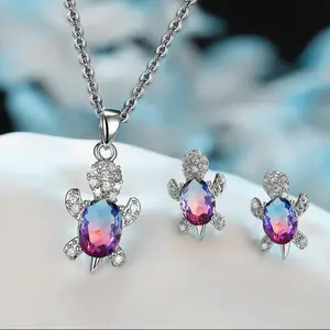 EJG Turtle Jewelry Set Rainbow Cubic Zirconia 925 Sterling Silver Hypoallergenic Christmas Gifts for Women 2-Piece Necklace Earrings Set Ocean Theme Everyday Wear